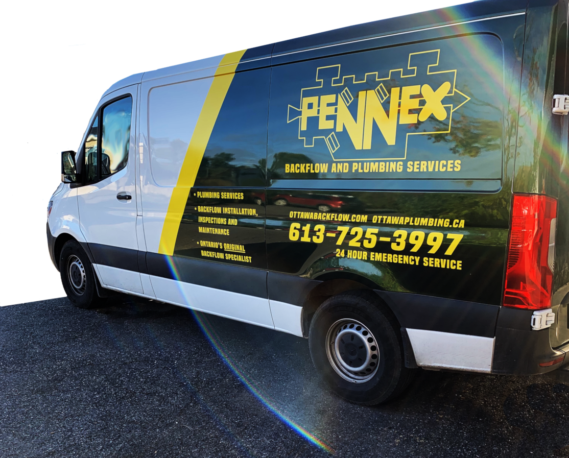 Ottawa plumbing company Pennex - Van photo showing number and services offered by Pennex Ottawa